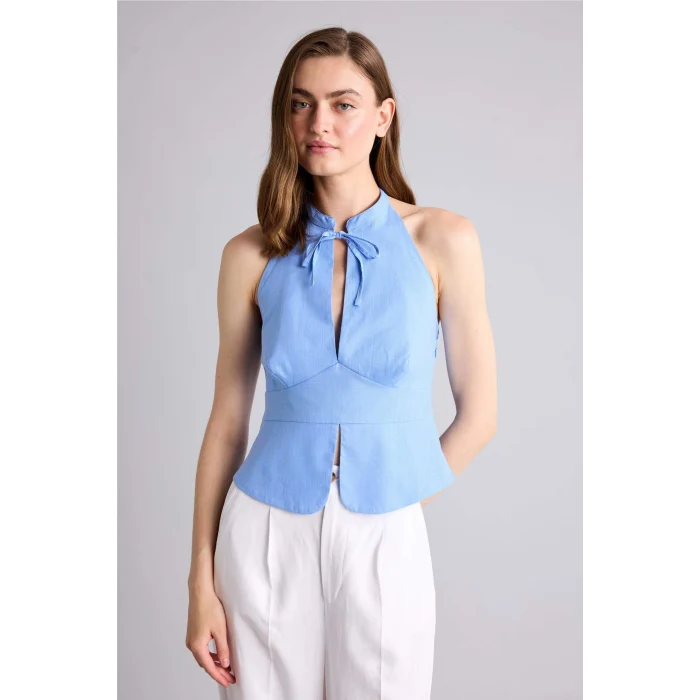 Defacto H9073AXBE60 Mavi %100 Pamuk Fıtted Halter Yaka Kolsuz Mavi Bluz