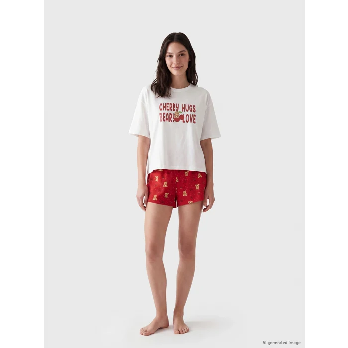 LCW Young Kırmızı Bisiklet Yaka Kadın Şortlu Pijama Takımı