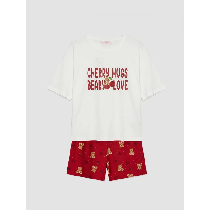 LCW Young Kırmızı Bisiklet Yaka Kadın Şortlu Pijama Takımı