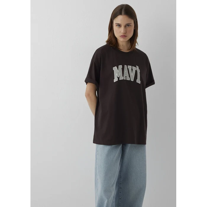Mavi 1600843-70240 Mavi Logo Baskılı Kahverengi Tişört