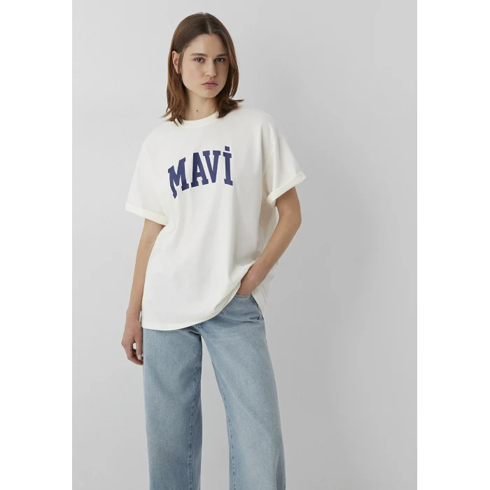 Mavi 1600843-82127 Mavi Logo Baskılı Ekru Tişört