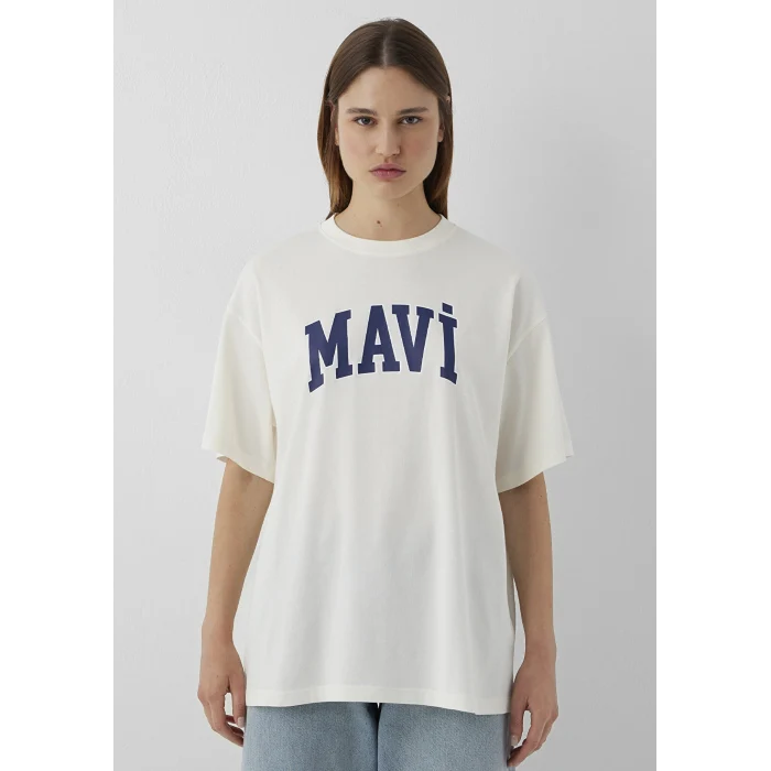 Mavi 1600843-82127 Mavi Logo Baskılı Ekru Tişört