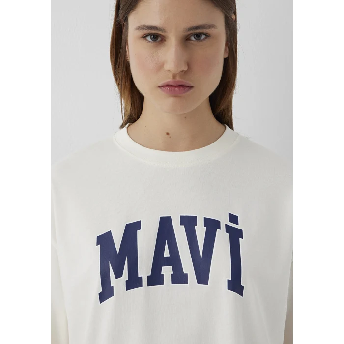 Mavi 1600843-82127 Mavi Logo Baskılı Ekru Tişört