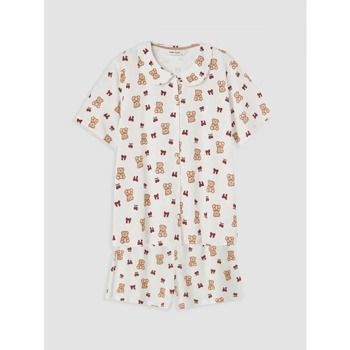 LCW Young Ekru Bebe Yaka Ayıcık Baskılı Kadın Şortlu Pijama Takımı