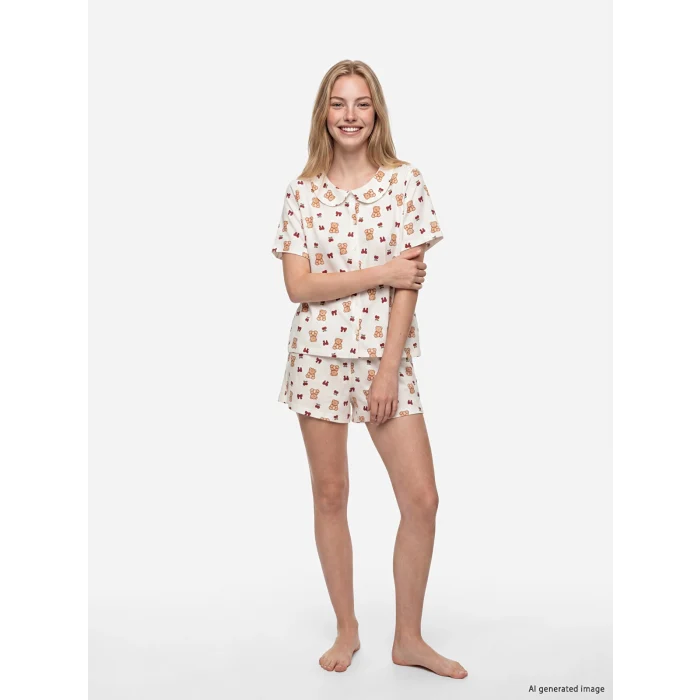 LCW Young Ekru Bebe Yaka Ayıcık Baskılı Kadın Şortlu Pijama Takımı