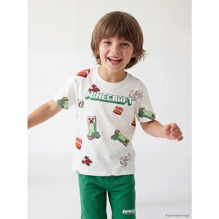 LCW Kids Ekru Minecraft Baskılı Erkek Çocuk Şortlu Pijama Takımı