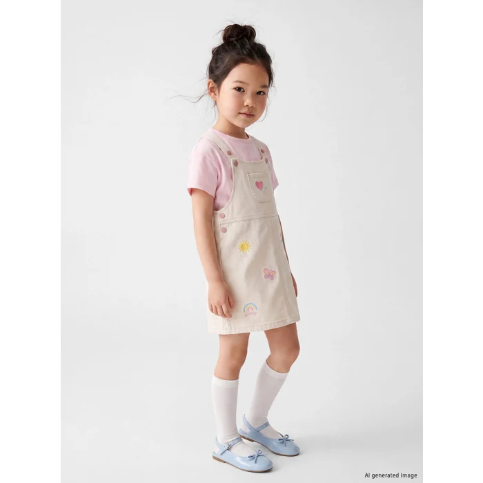 LCW Kids Ekru Nakışlı Kız Çocuk Jean Salopet Elbise