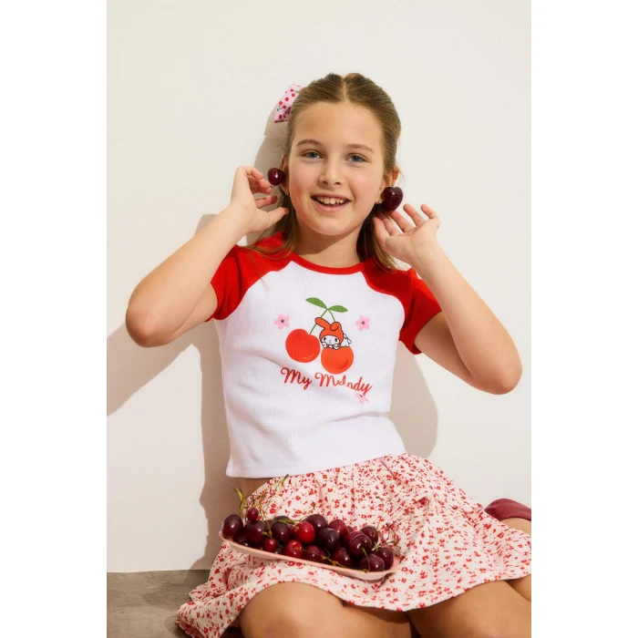 Defacto H3479A8WT34 Beyaz My Melody Fıtted Bisiklet Yaka Ribana Kısa Kollu Tişört Kız Çocuk