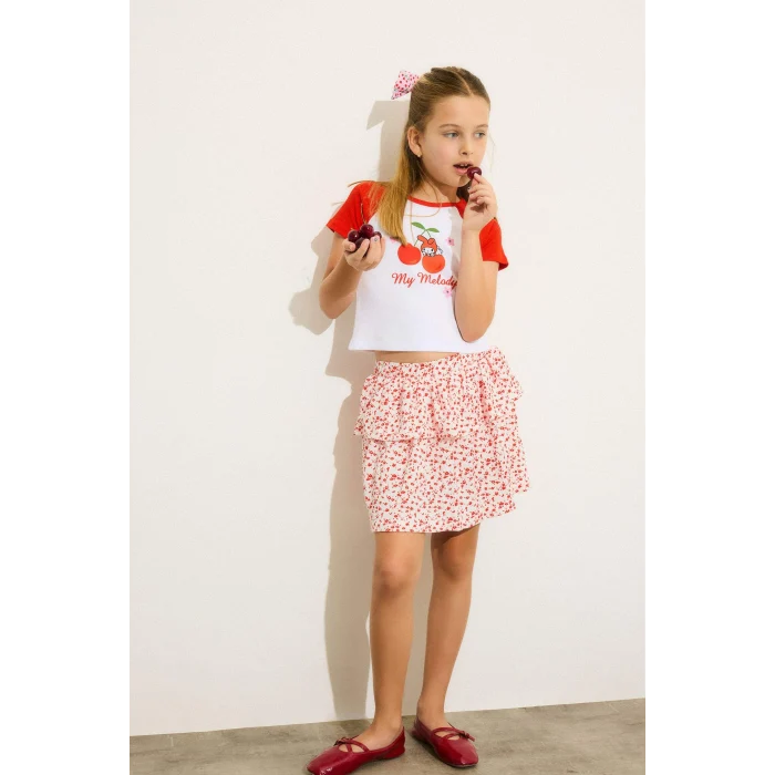 Defacto H3479A8WT34 Beyaz My Melody Fıtted Bisiklet Yaka Ribana Kısa Kollu Tişört Kız Çocuk