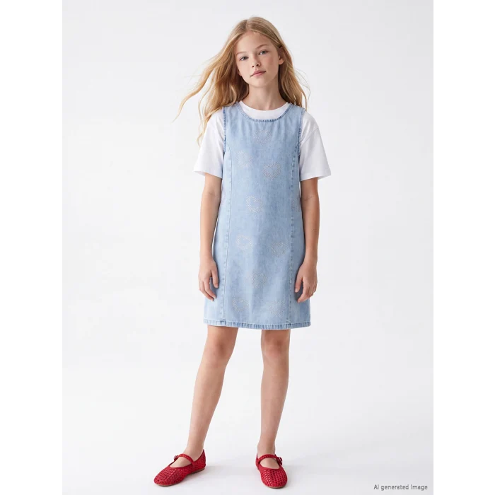 LCW Kids Mavi Taşlı Kız Çocuk Jean Elbise