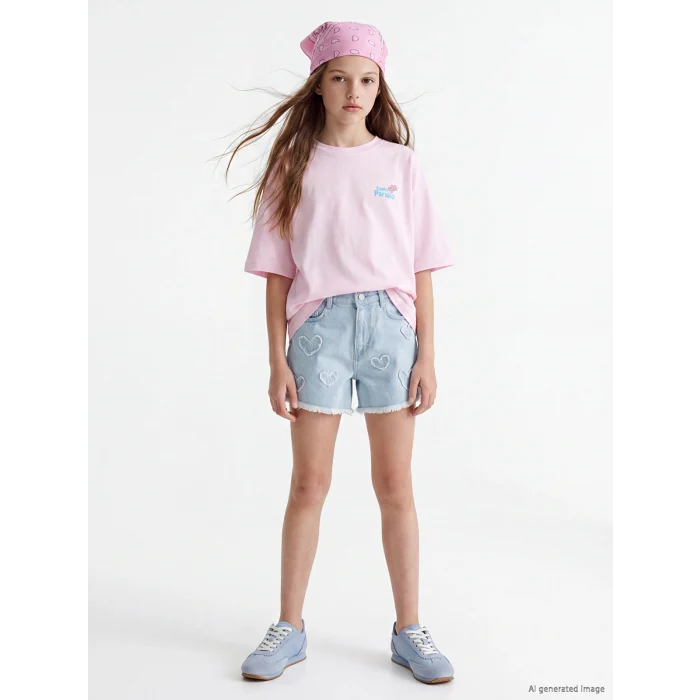 LCW Kids İndigo Kalp Nakışlı Kız Çocuk Jean Şort