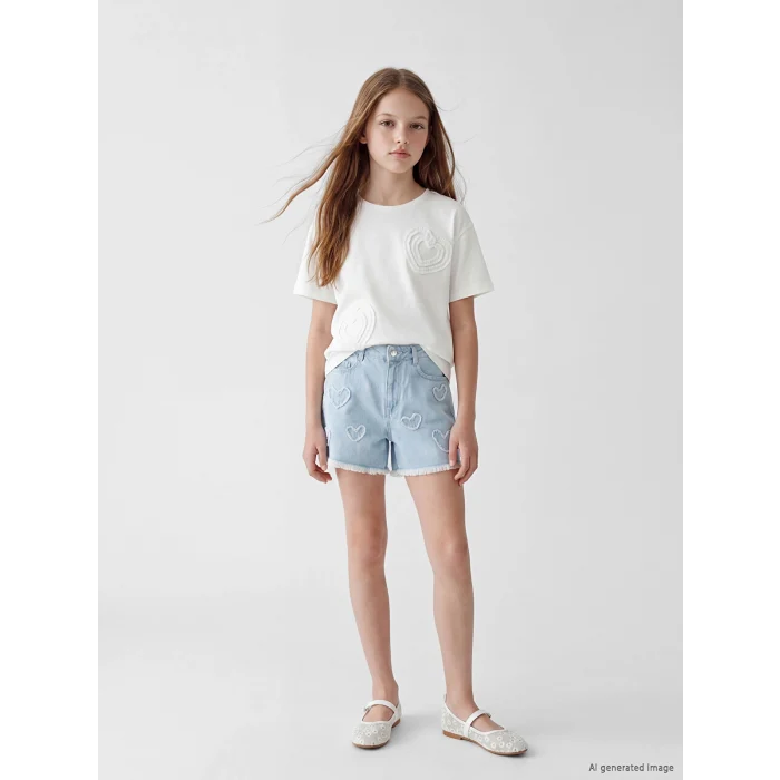 LCW Kids İndigo Kalp Nakışlı Kız Çocuk Jean Şort