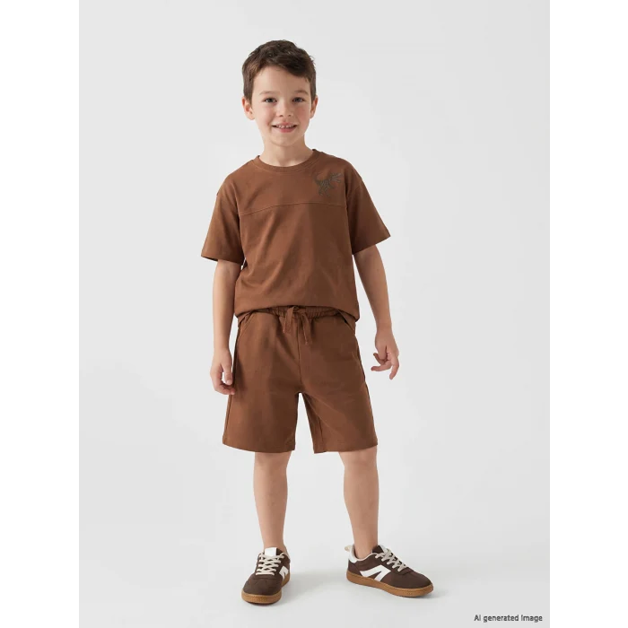 LCW Kids Kahverengi Dinozor Baskılı Erkek Çocuk Tişört ve Şort Takım