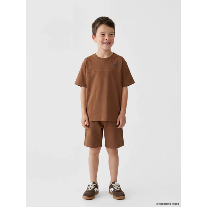 LCW Kids Kahverengi Dinozor Baskılı Erkek Çocuk Tişört ve Şort Takım