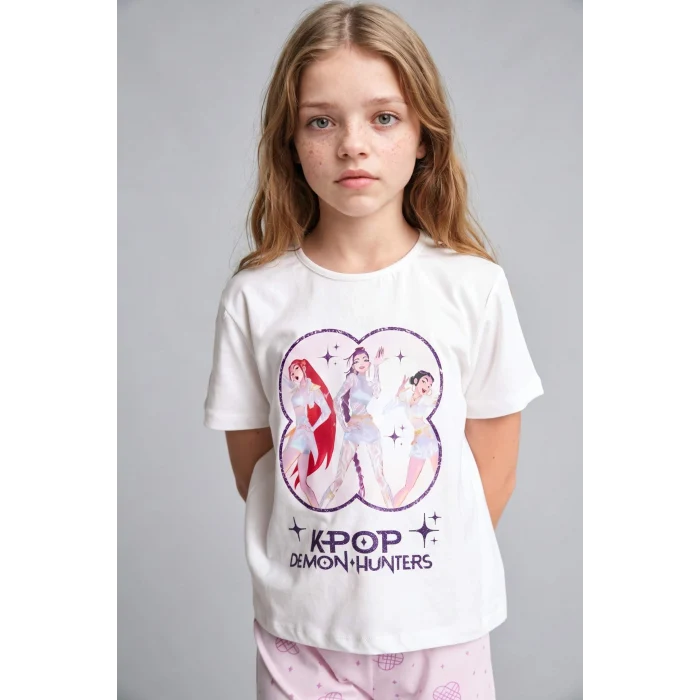 Defacto H8098A8ER105 Ekru Kpop - Demon Hunters Lisanslı Regular Fıt Elastik Bel 2li Ecru Pijama Takımı Kız Çocuk