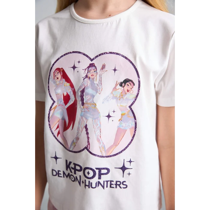 Defacto H8098A8ER105 Ekru Kpop - Demon Hunters Lisanslı Regular Fıt Elastik Bel 2li Ecru Pijama Takımı Kız Çocuk