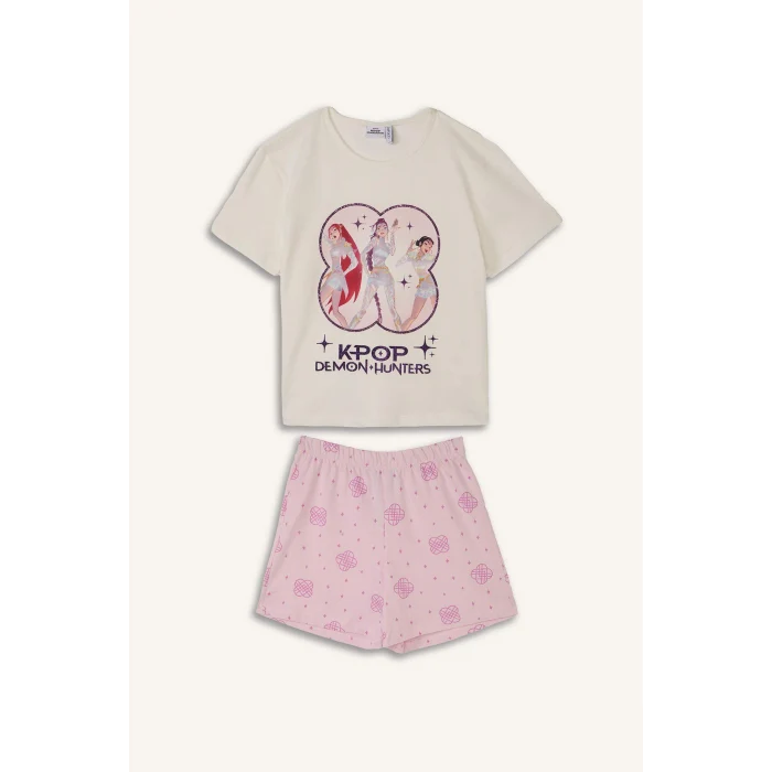 Defacto H8098A8ER105 Ekru Kpop - Demon Hunters Lisanslı Regular Fıt Elastik Bel 2li Ecru Pijama Takımı Kız Çocuk