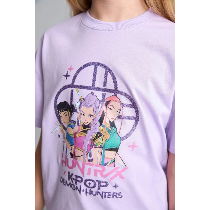Defacto H7337A8PR249 Mor %100 Pamuk Kpop - Demon Hunters Relax Fıt Bisiklet Yaka Kısa Kollu Tişört Kız Çocuk