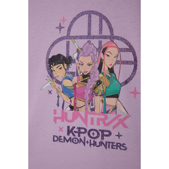 Defacto H7337A8PR249 Mor %100 Pamuk Kpop - Demon Hunters Relax Fıt Bisiklet Yaka Kısa Kollu Tişört Kız Çocuk
