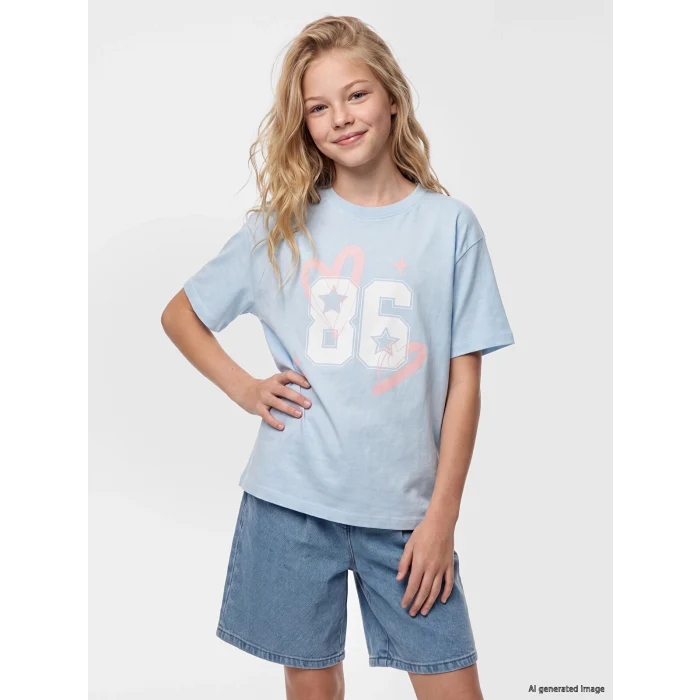 LCW Kids Mavi Bol Fit Bisiklet Yaka Baskılı Kız Çocuk Tişört