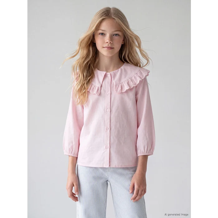 LCW Kids Pembe Fırfır Detaylı Bebe Yaka Kız Çocuk Gömlek
