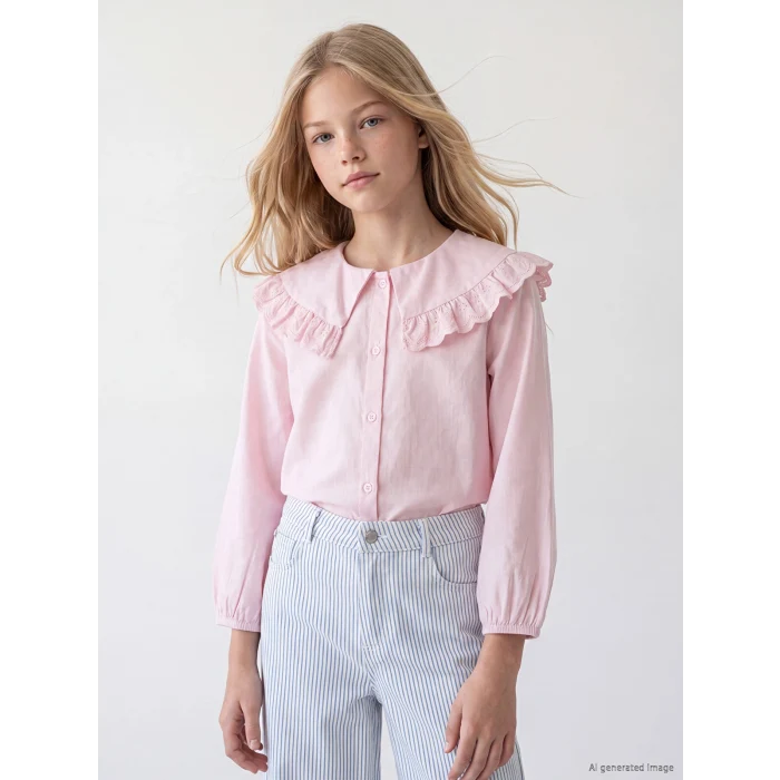 LCW Kids Pembe Fırfır Detaylı Bebe Yaka Kız Çocuk Gömlek