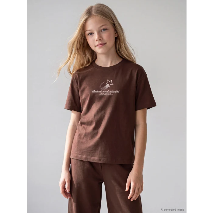 LCW Kids Kahverengi Baskılı Kız Çocuk Soft Touch Takım