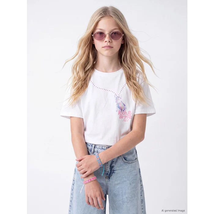 LCW Kids Beyaz Baskılı Kız Çocuk Tişört