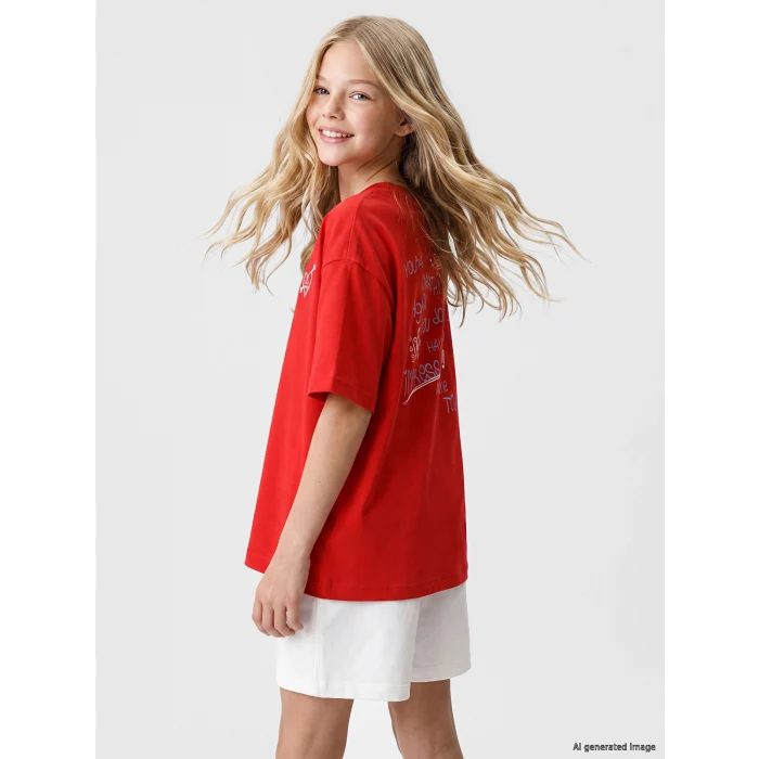 LCW Kids Kırmızı Loose Fit Baskılı Kız Çocuk Tişört