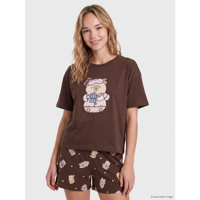 LCW Young Kahverengi Baskılı %100 Pamuklu Kadın Şortlu Pijama Takımı