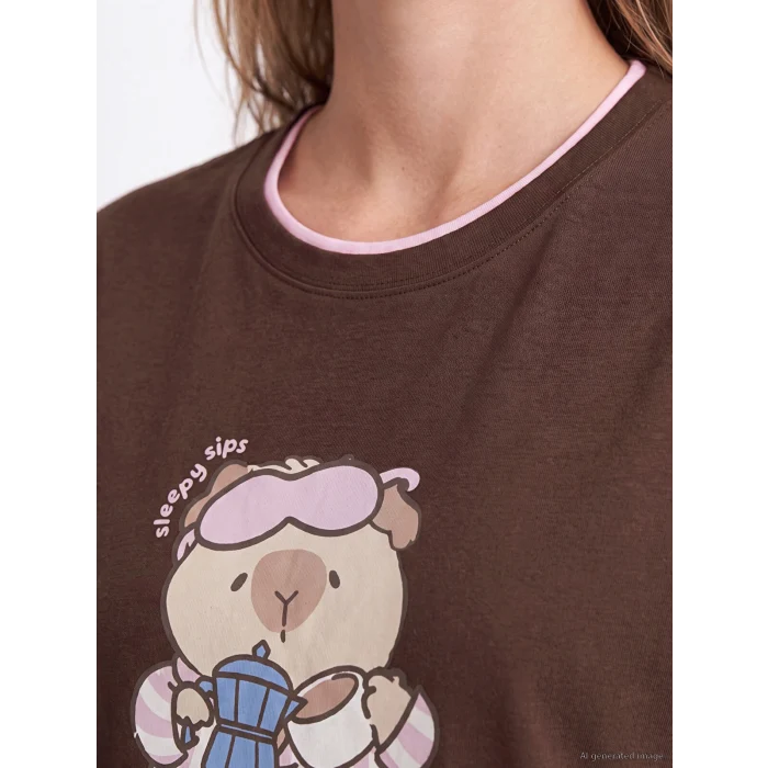 LCW Young Kahverengi Baskılı %100 Pamuklu Kadın Şortlu Pijama Takımı