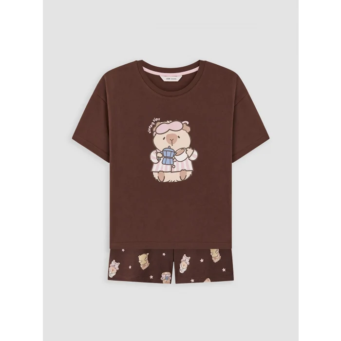 LCW Young Kahverengi Baskılı %100 Pamuklu Kadın Şortlu Pijama Takımı