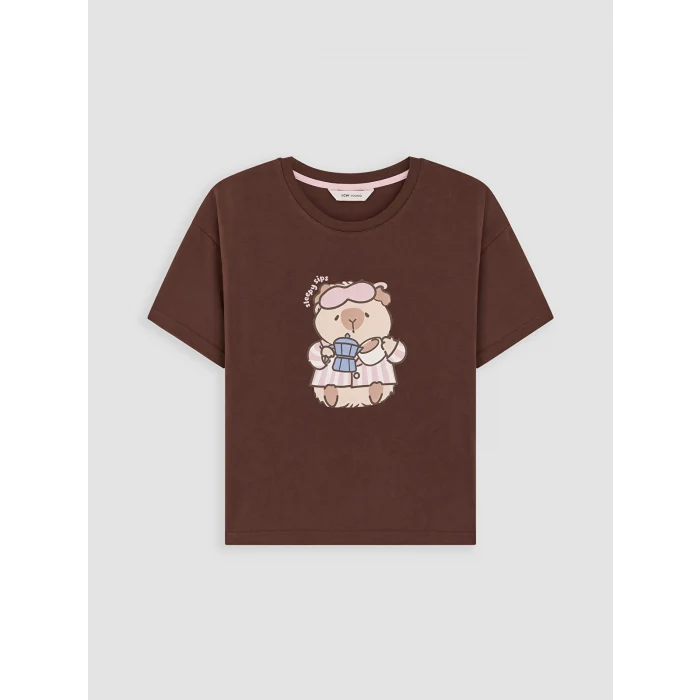 LCW Young Kahverengi Baskılı %100 Pamuklu Kadın Şortlu Pijama Takımı
