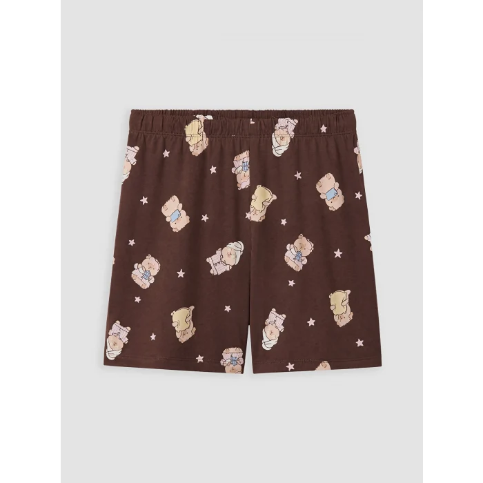 LCW Young Kahverengi Baskılı %100 Pamuklu Kadın Şortlu Pijama Takımı