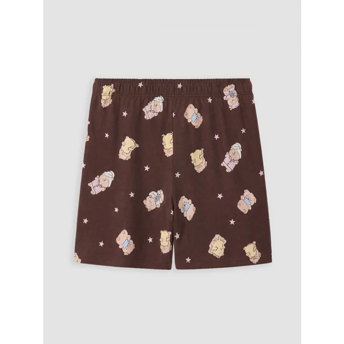 LCW Young Kahverengi Baskılı %100 Pamuklu Kadın Şortlu Pijama Takımı