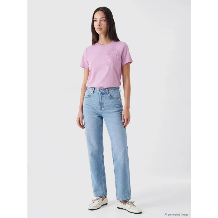 LCW EVERYDAY Lila Nakışlı Soft Touch Kadın Tişört