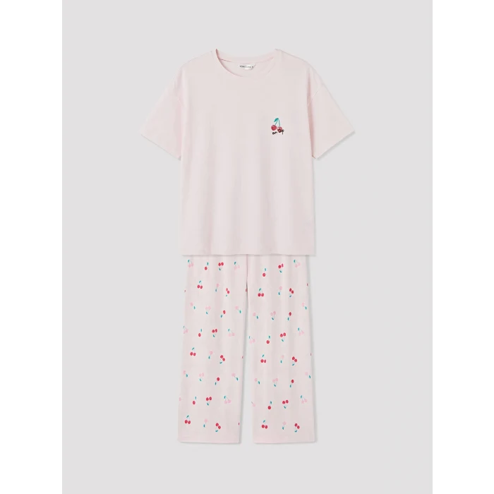 LCW Young Pembe Kiraz Baskılı Kadın Pijama Takım