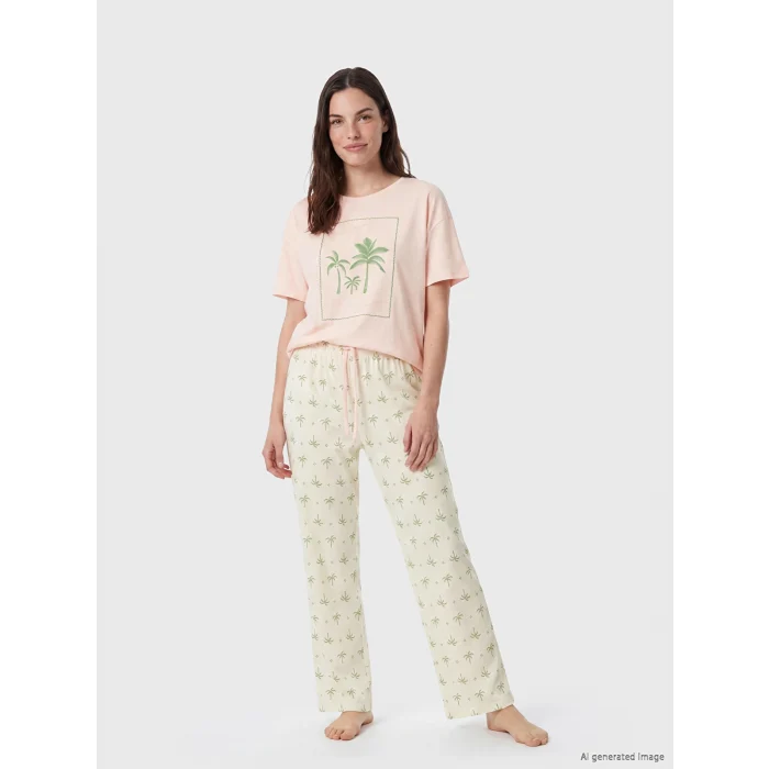 LCW DREAM Ekru Bisiklet Yaka Baskılı Kadın Pijama Takımı