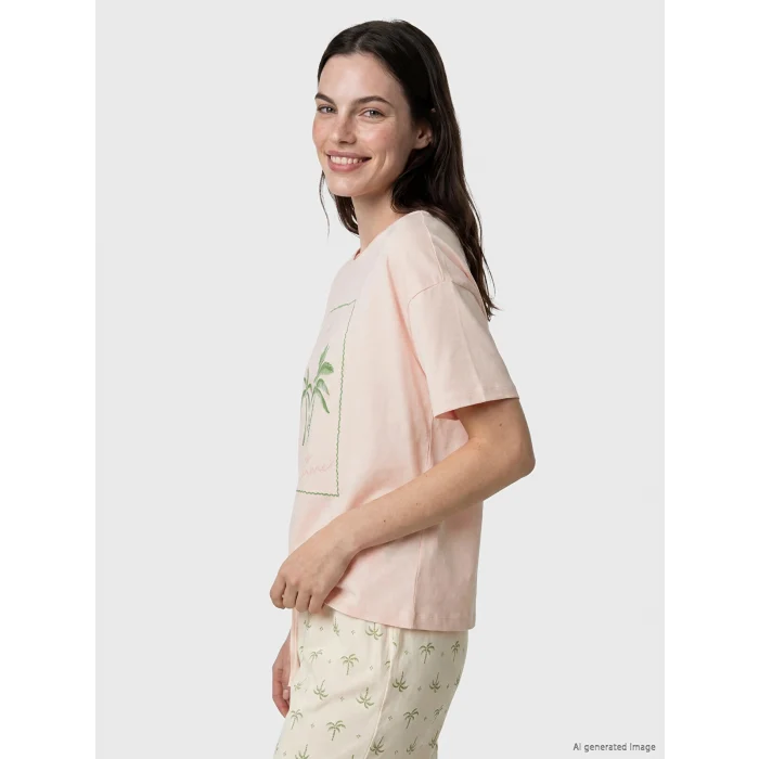 LCW DREAM Ekru Bisiklet Yaka Baskılı Kadın Pijama Takımı