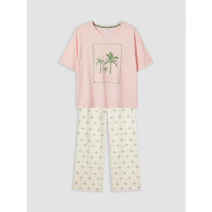 LCW DREAM Ekru Bisiklet Yaka Baskılı Kadın Pijama Takımı