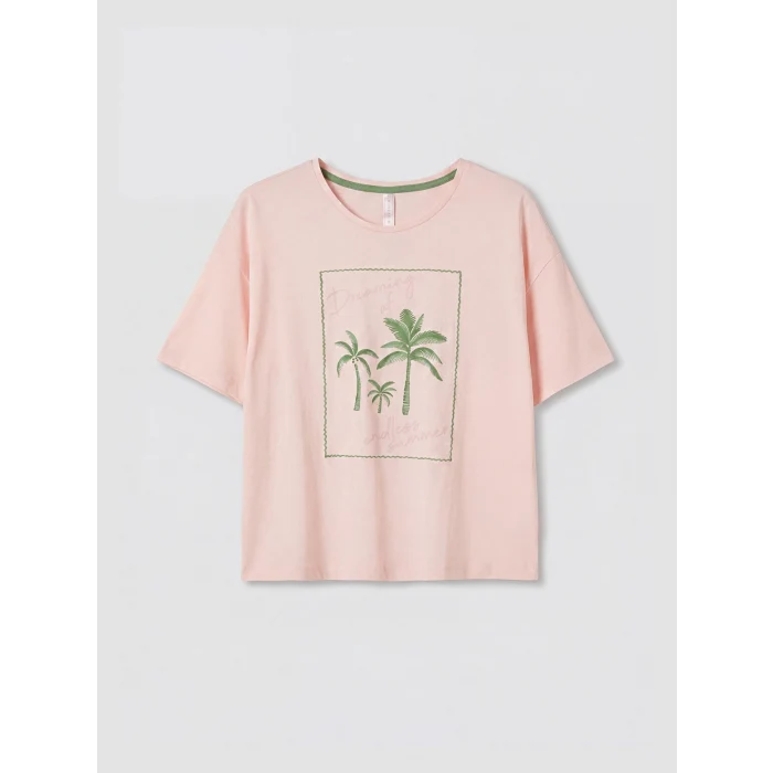LCW DREAM Ekru Bisiklet Yaka Baskılı Kadın Pijama Takımı