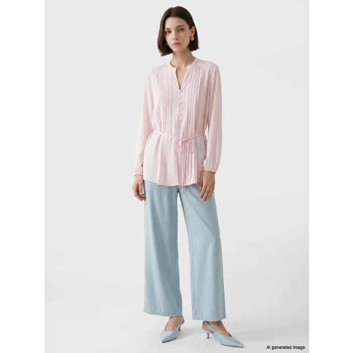 LCW Modest Pembe Pileli Kuşaklı Oversize Kadın Gömlek Tunik