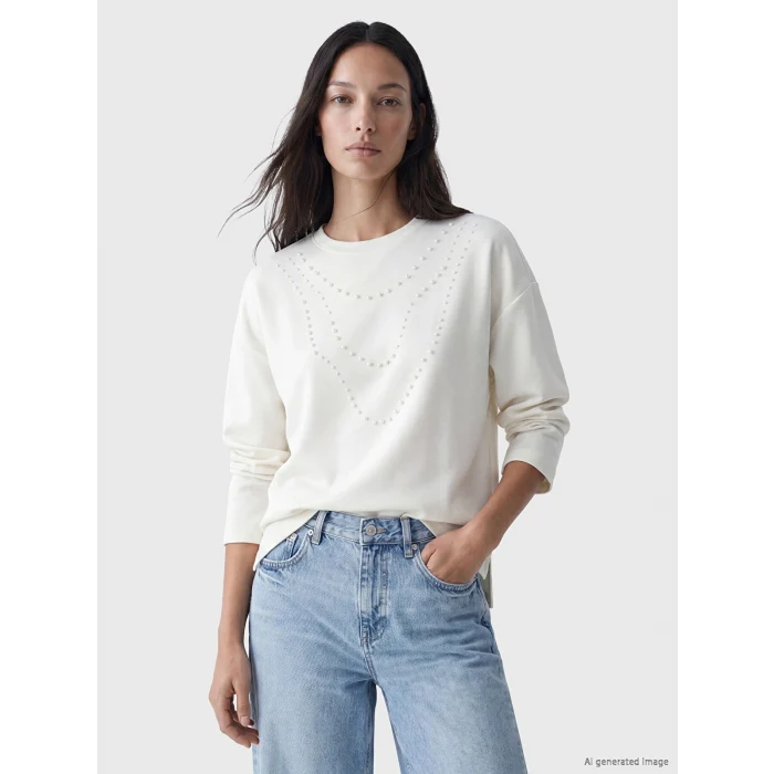LCW EVERYDAY Beyaz İnci İşlemeli Soft Touch Kadın Tunik