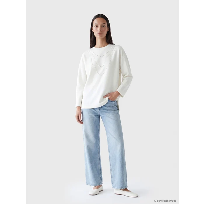 LCW EVERYDAY Beyaz İnci İşlemeli Soft Touch Kadın Tunik