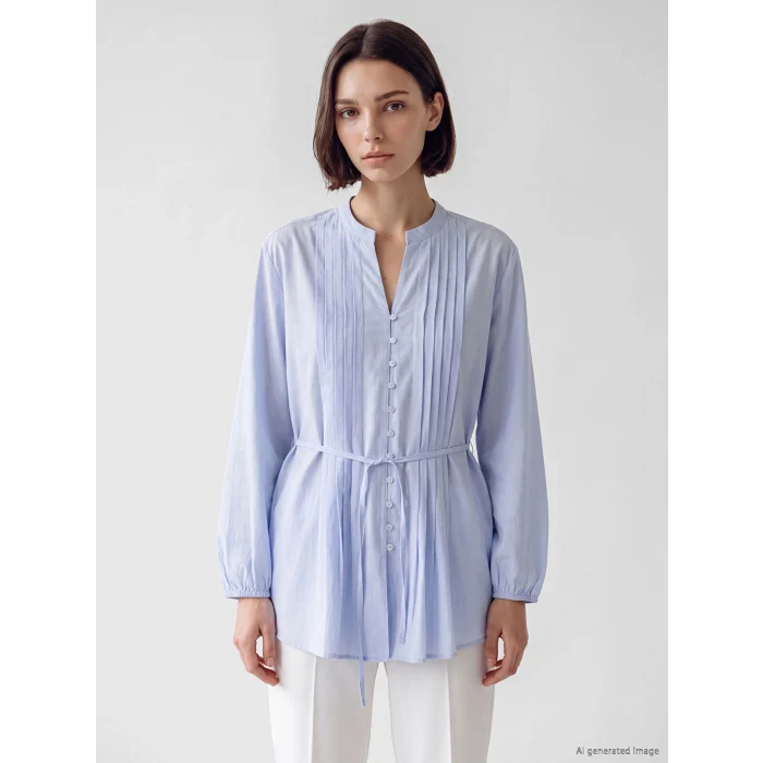 LCW Modest Mavi Pileli Kuşaklı Oversize Kadın Gömlek Tunik