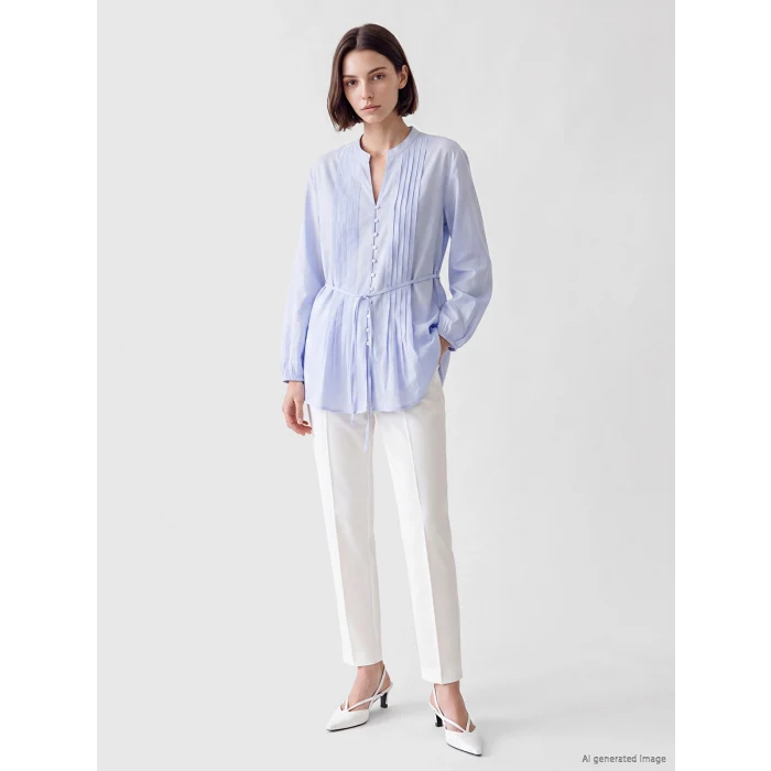 LCW Modest Mavi Pileli Kuşaklı Oversize Kadın Gömlek Tunik