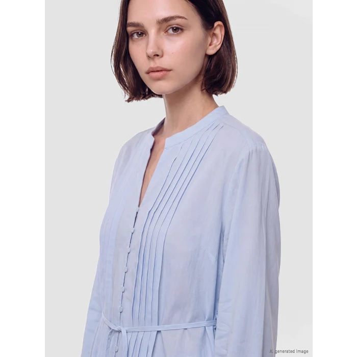 LCW Modest Mavi Pileli Kuşaklı Oversize Kadın Gömlek Tunik