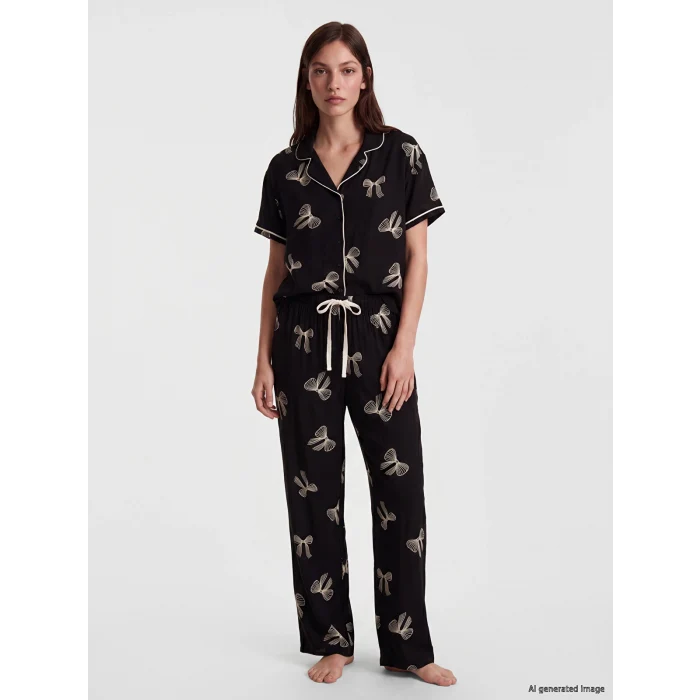 LCW DREAM Siyah Gömlek Yaka Desenli Kadın Pijama Takımı