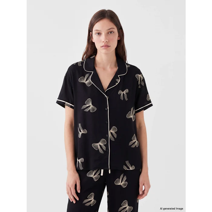 LCW DREAM Siyah Gömlek Yaka Desenli Kadın Pijama Takımı