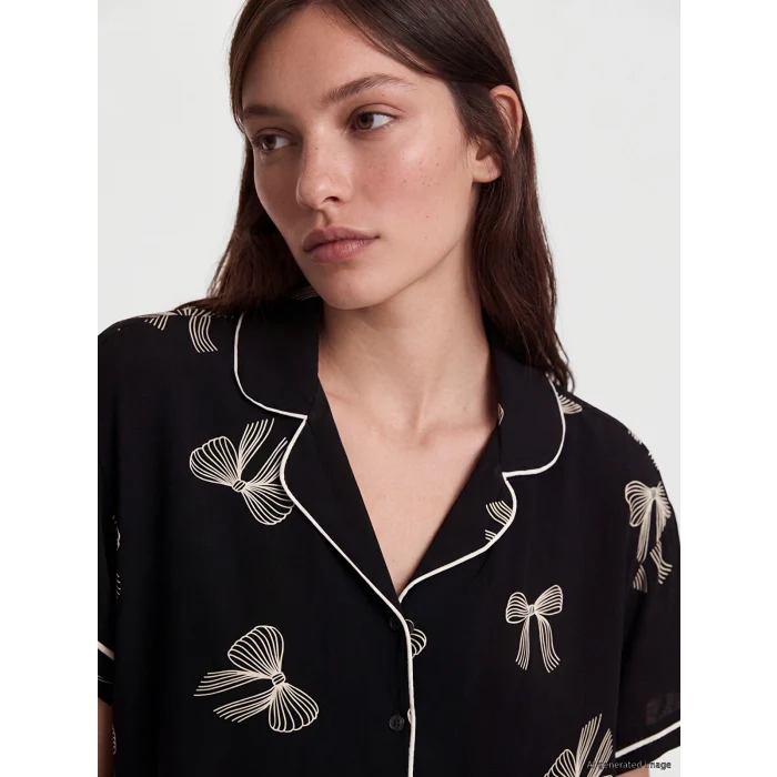 LCW DREAM Siyah Gömlek Yaka Desenli Kadın Pijama Takımı
